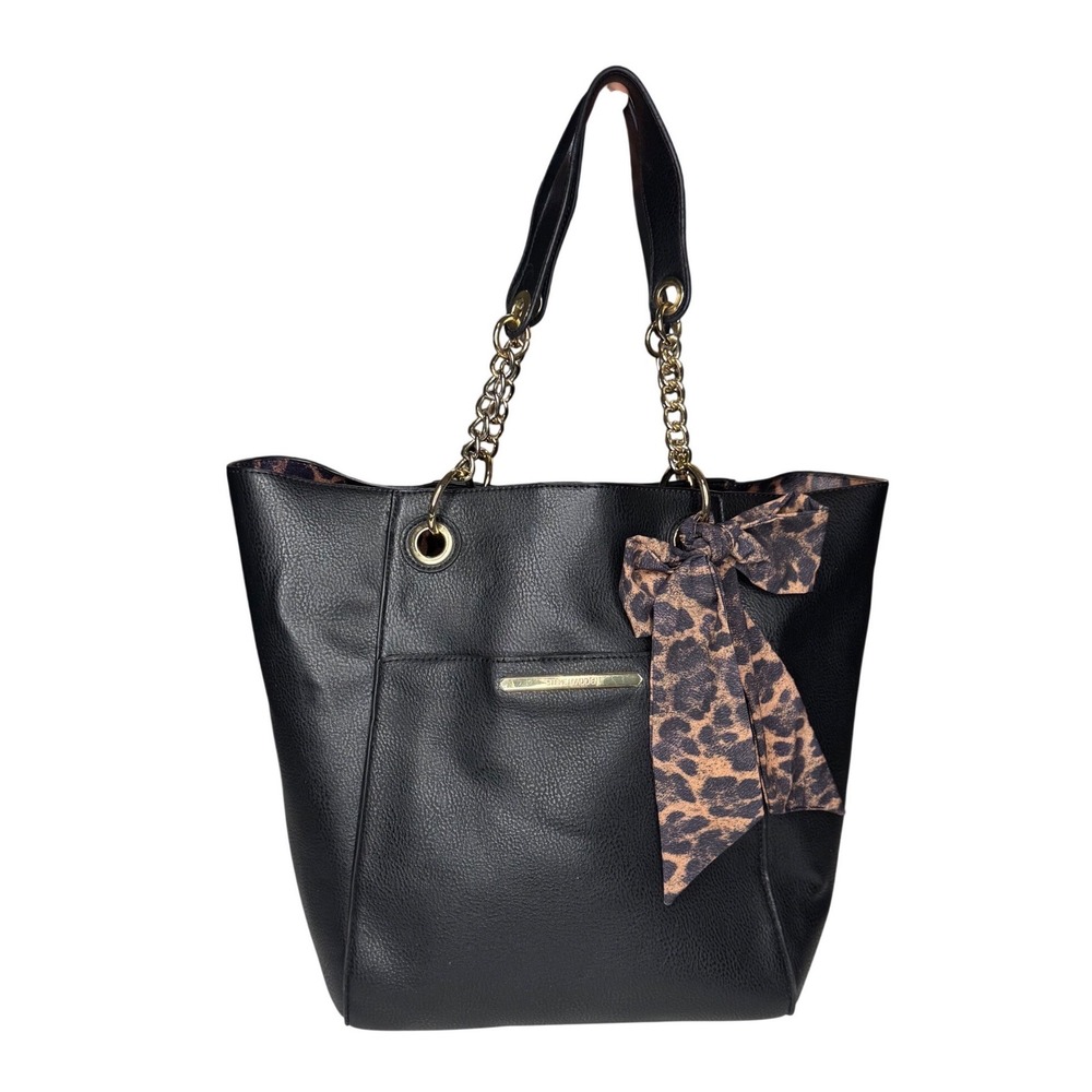 Steve‎ Madden Black Faux Leather Tote Bag Leopard Print Scarf Gold Chain Straps